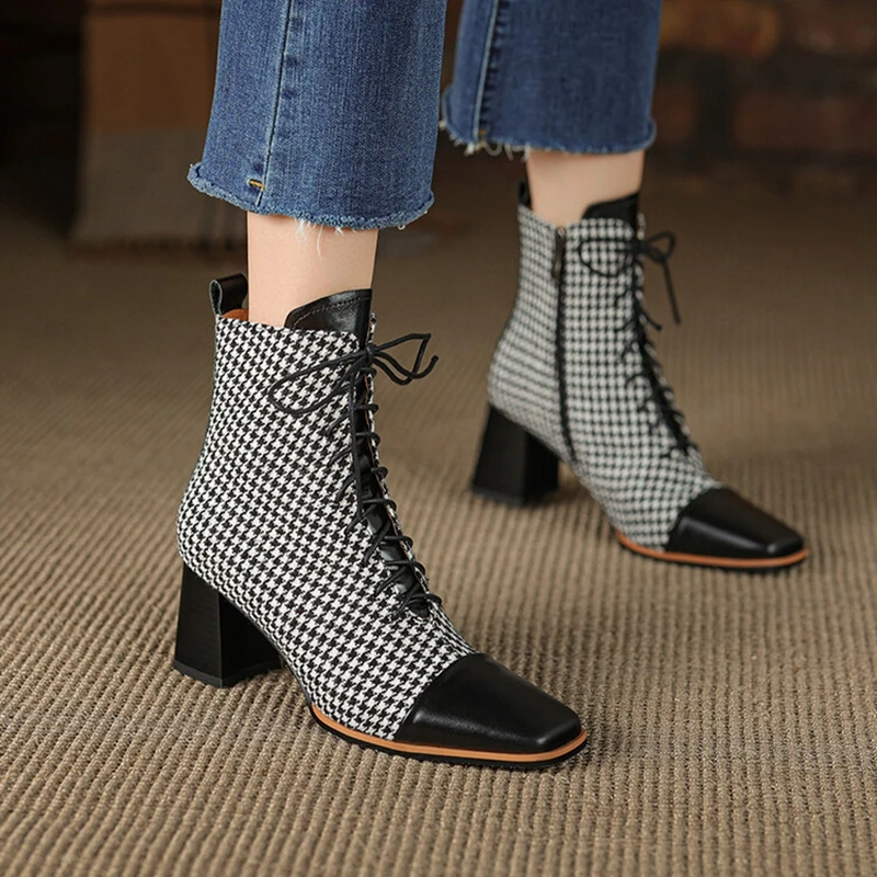 

New Fall Shoes Women Cow leather Cotton Fabric Short Boots Concise Round Toe Chunky Boots Winter Lattice Modern Boots for Women