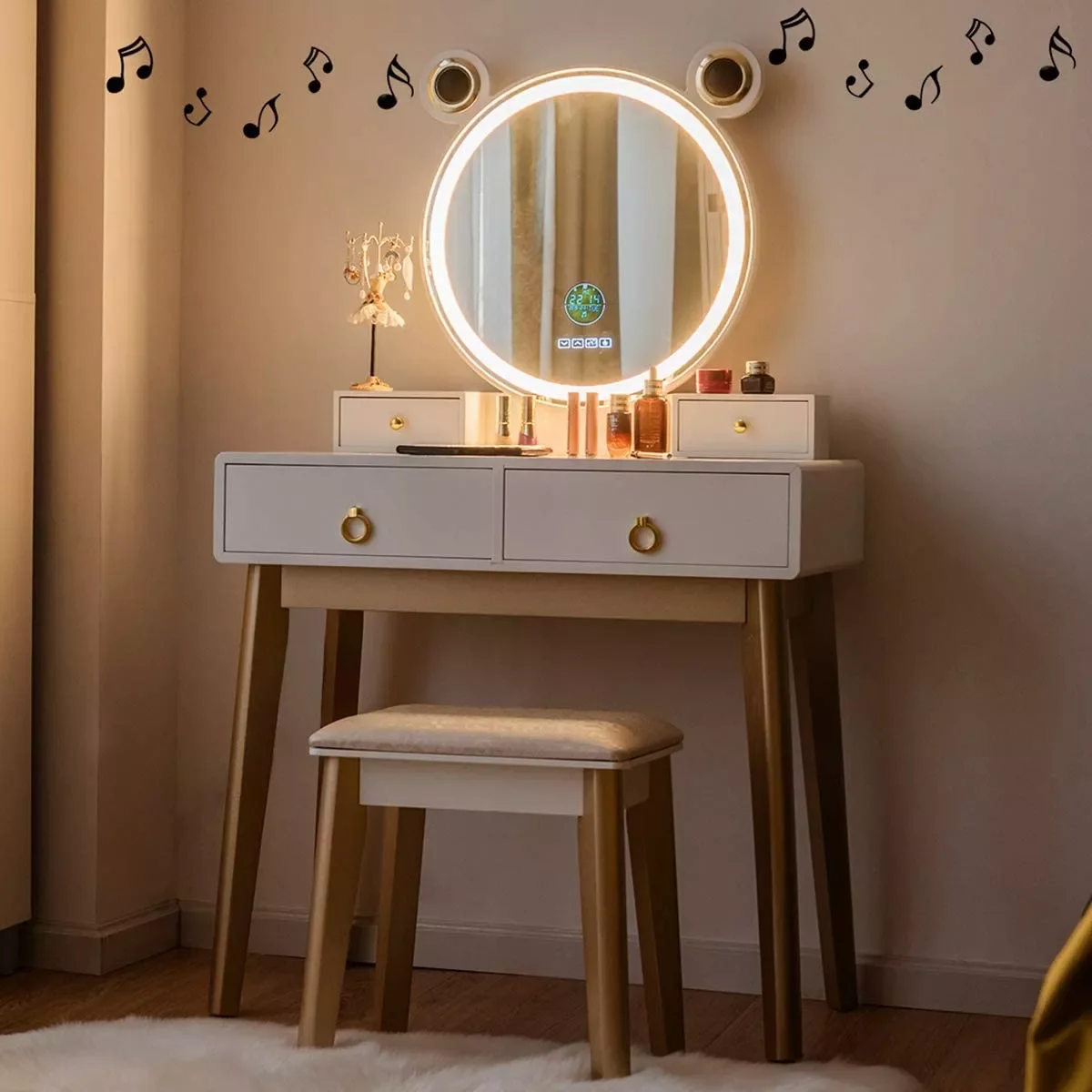 

Vanity Set, 3 Color Touch Screen Dimming Mirror ,4 Drawers with Jewelry Organizer, Makeup Dressing Table with Cushioned Stool