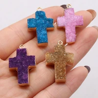 wholesale5pcs agate crystal bud cross pendant gold plated stone natural jewelry makingdiy necklace accessories gift party18x30mm