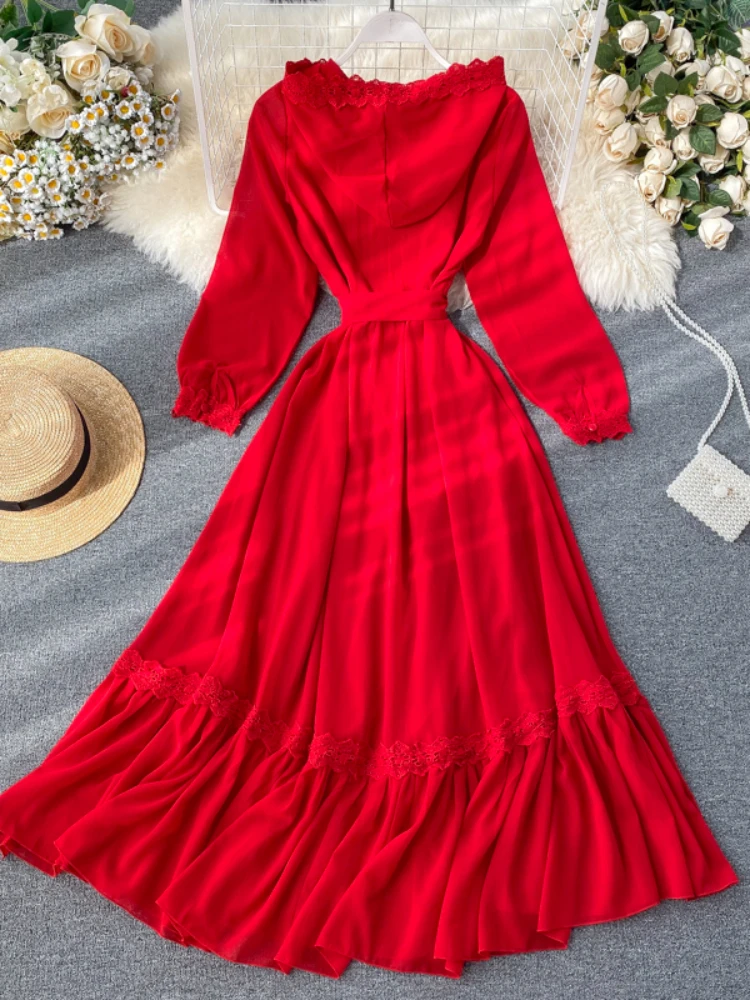 Красное длинное платье с капюшоном женские элегантные шифоновые пляжные платья