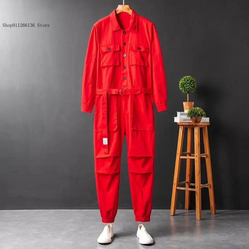 Men's Jumpsuit Loose Cargo Pants Green Black Freight Trousers Long Sleeve Lapel Beam Feet Cotton Overalls Hip Hop Streetwear | Мужская