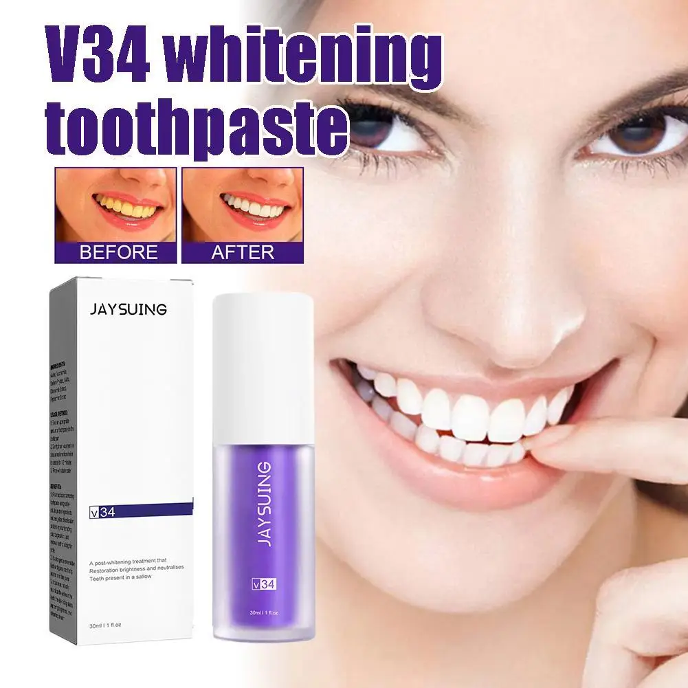 

V34 Tooth Color Corrector Whitening Toothpaste 30ml Teeth Deep Cleaning Brightening Gel Mousse Remove Yellow Stain Gum Oral Care