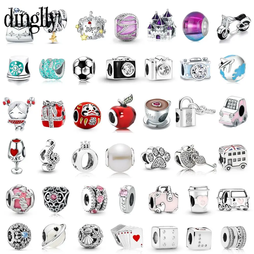 DINGLLY 2Pcs/lot Silver Color Beads Car Note Camera Dice Beaded Heart-shaped Charm Lock Key Fit DIY Bracelets Accessory