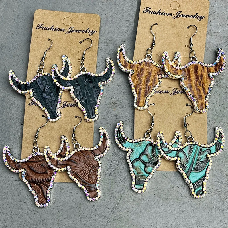 

New Western Cow Animal Leather Earrings for Women AB Crystal Embellished Genuine Earrings Farmer Jewelry Gifts