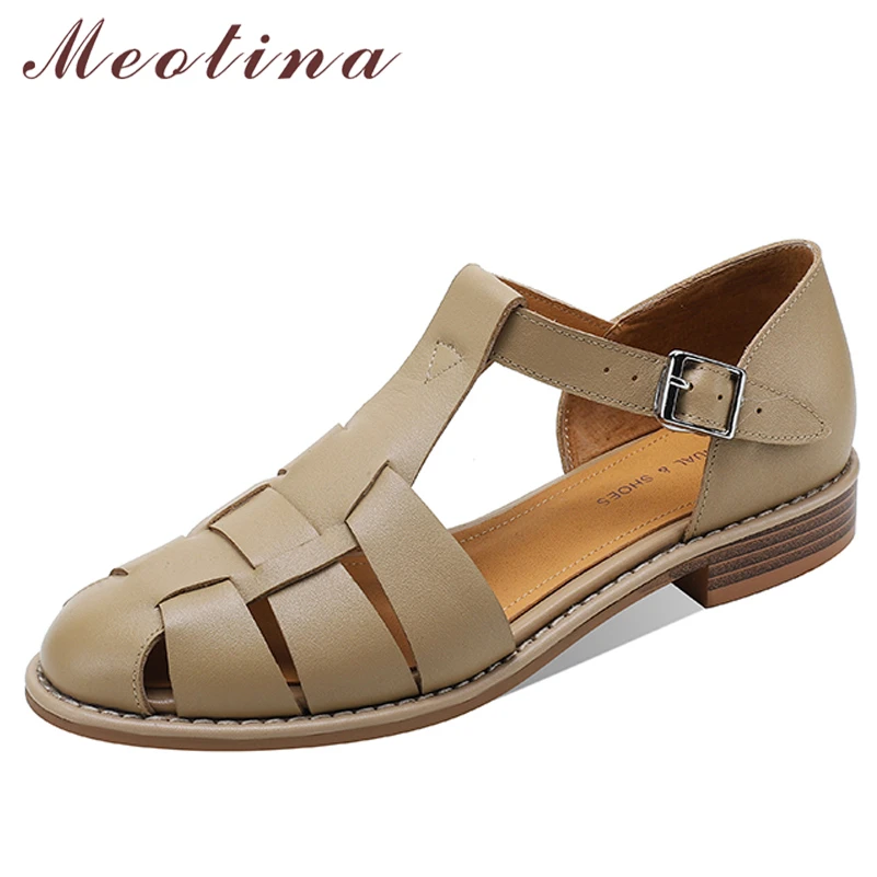 

Meotina Gladiator Shoes Women Genuine Leather Sandals Flat Buckle Sandals Round Toe Cow Leather Ladies Footwear Summer Apricot