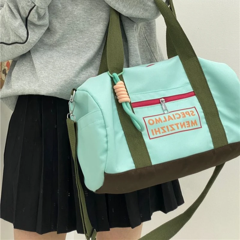 Xiuya Large Capacity Gym Shoulder Bag for Women Macaron Color Letter Nylon Sports Travel Handbag Lightweight Multifunctional Bag