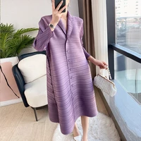 2022 autumn new miyak pleated women dresses fashion solid single breasted design loose large size womens 34 sleeve dress