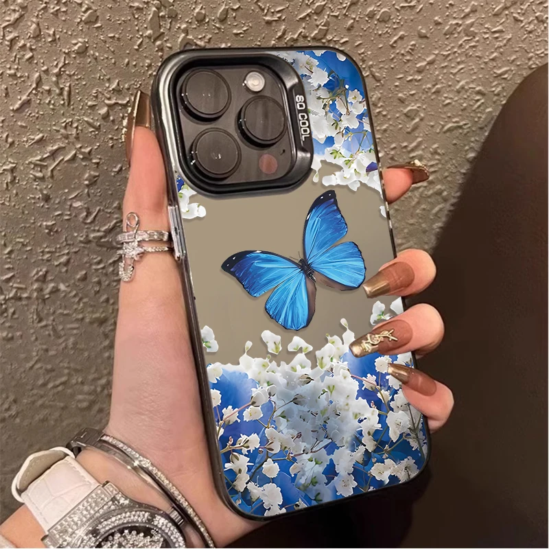 Blue Morpho Butterfly Printing Case for iPhone 16 15 14 13 12 11 Pro Max XS X XR 8 7 Plus SE 2020 Plating Matte Hard Shockproof