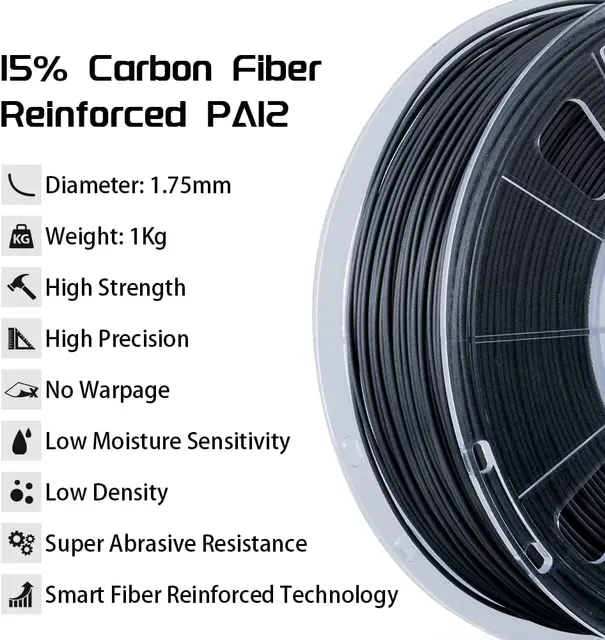 QIDI TECH Carbon Fiber Filled Nylon Filament PA12-CF1.75mm Black 1Kg Spool 3D Printing Filament for 3D Printer 3
