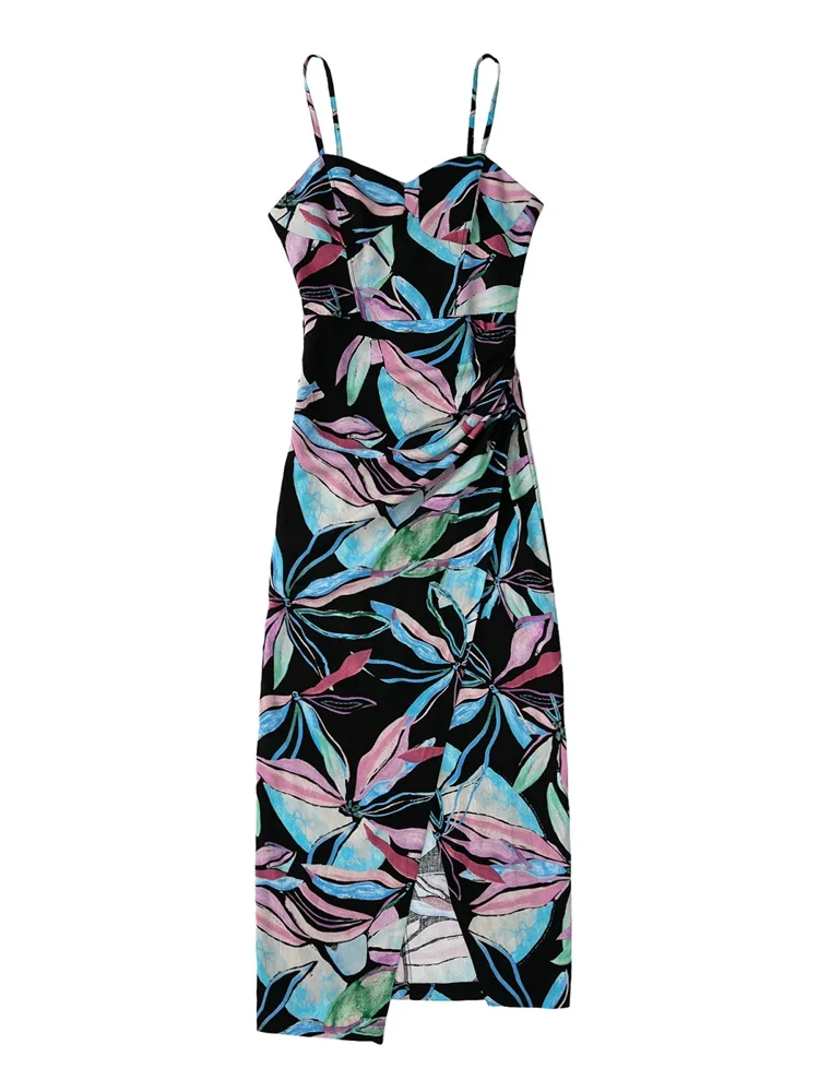 

Элегантное женское платье миди из смеси льна с тропическим принтом, собранное в корсетку, лето 2022, тонкие пляжные платья на бретелях