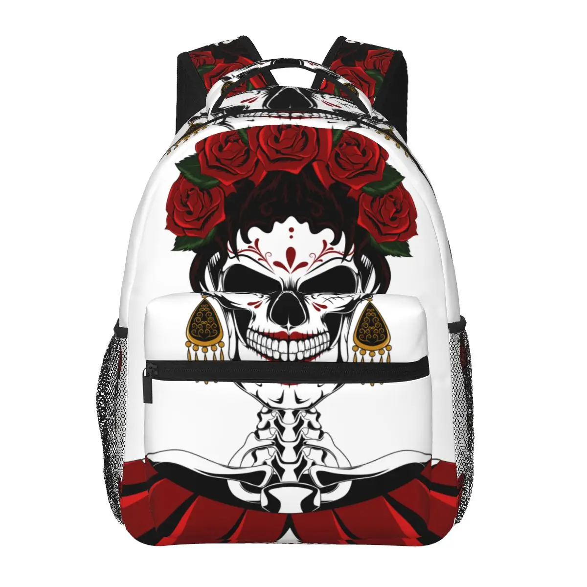 

Backpack Teenager Girls School Book Bag Large Capacity Travel Bag Mexican Female Skull With A Wreath Of Roses