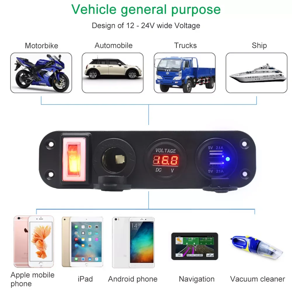 

Accesorios moto Cigarette USB Lighter Digital Voltmeter Dual USB Power Charger 12V Power Socket Waterproof Dustproof With Rocker