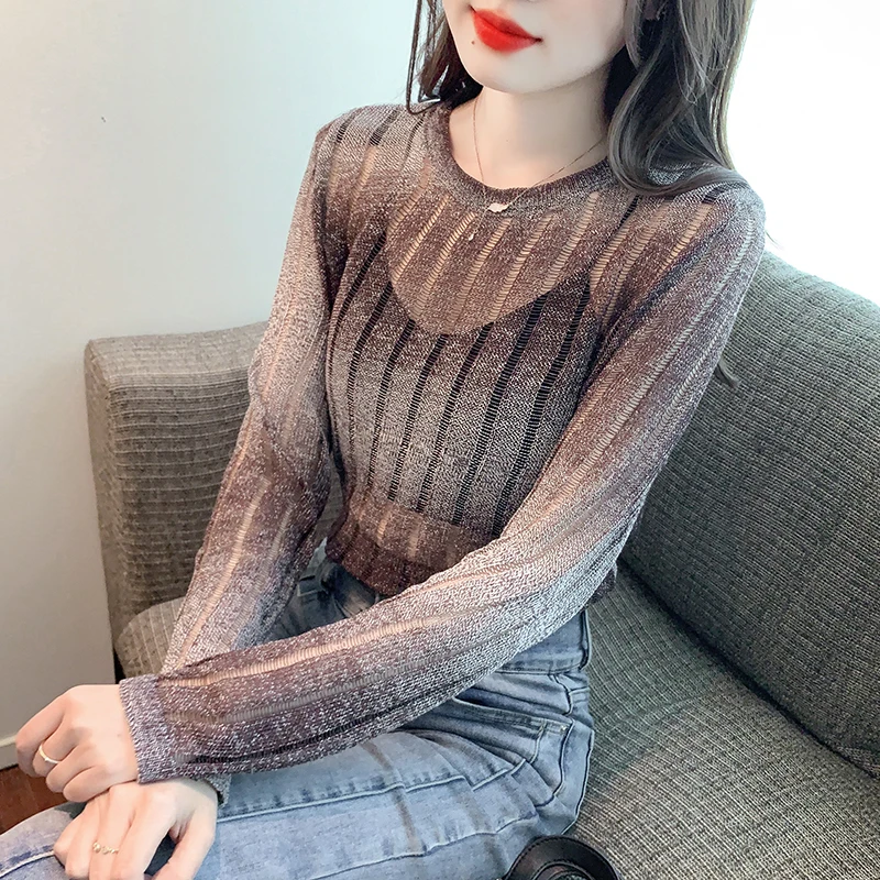 

Сексуальные пуловеры с вырезами, топы, длинный женский тонкий свитер, осень 2023, новая полосатая рубашка для защиты от солнца