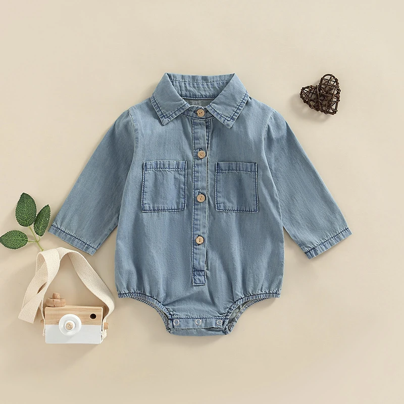 

Newborn Girl Long Sleeve Romper, Turn-Down Collar Solid Color Button-Down Front Double Pockets Denim Jumpsuit, 3-24Months