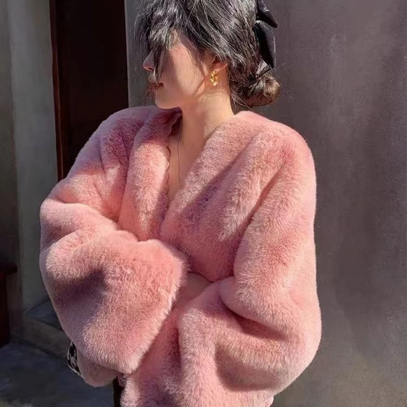 New Autumn Winter Jacket Women Double Faced Fur Solid Pockets Loose Office Lady Short Faux Fur Coat Fashion Tops Famale Clothing