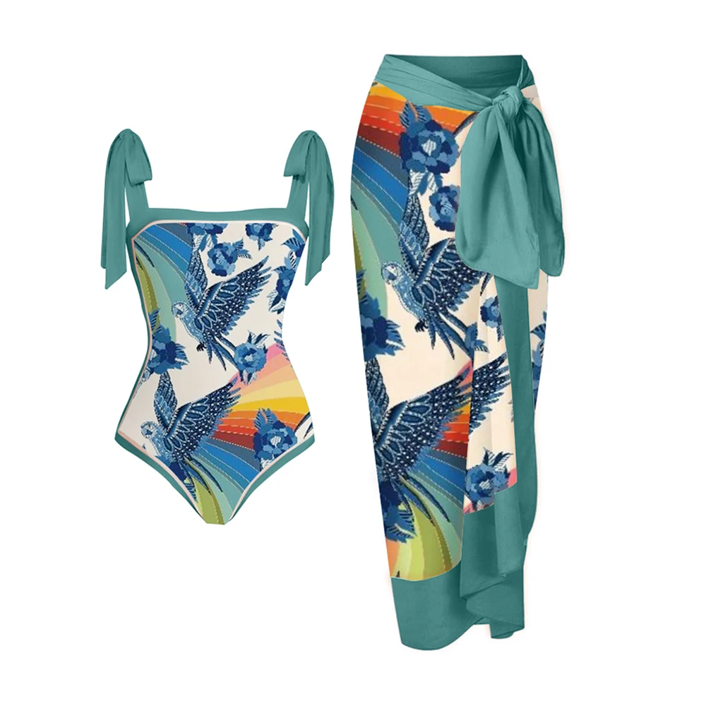 

Birds Print Bowknot Square Collar women's Swimsuit Split Cover Knee Skirts High Waist Beach Outfits Vintage Style Bikinis 2023