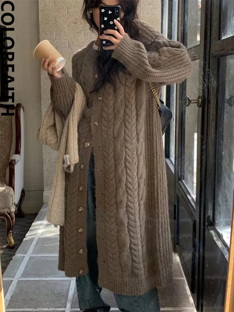 

Colorfaith SWC4062JX New 2023 Chic Korean Fashion Sweaters Buttons Long Cardigans Pink Elegant Vintage Women Winter Spring Tops