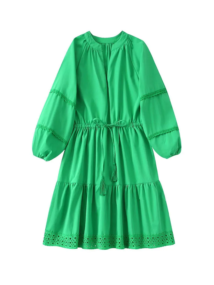 

2022 Summer Women Vintage MIDI Dress Solid Long Sleeve Drawstring Bow Female Elegant Street Poplin Dresses Clothing