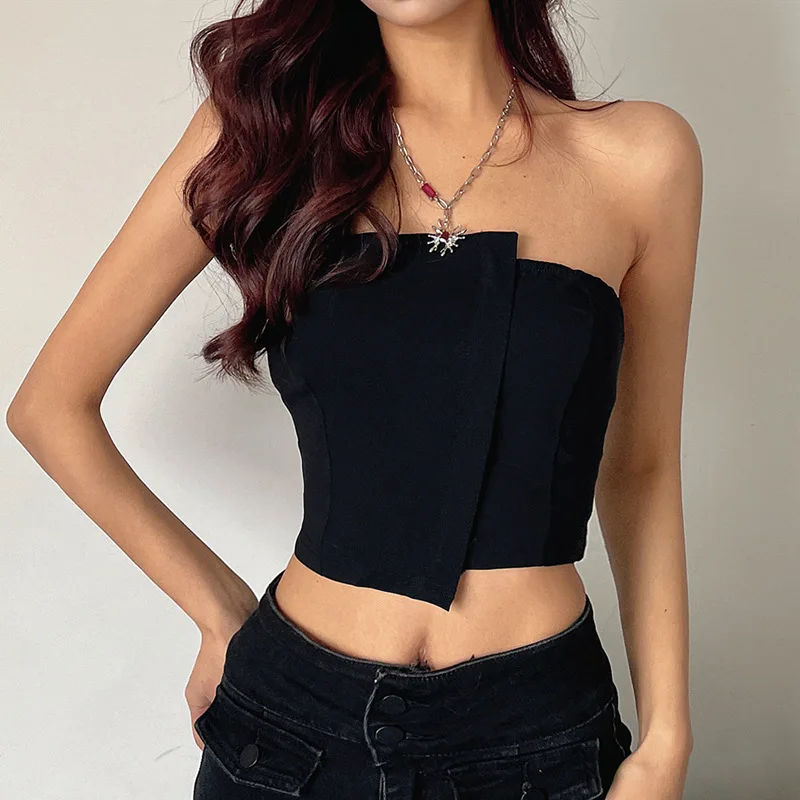

Summer Black Irregular Slim Tube Top Women Sexy Sleeveless Backless Crop Top 90s Streetwear E-Girl Fashion Tank Top Y2K Clothing