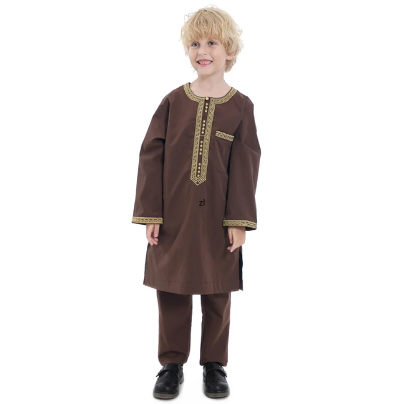 Muslim Muslim Arab Boy Thobe Children Abaya Ramadan Jubba Thobe Dress Pant Set 2 Piece Caftan Robe Kaftan Musulman Ensembles