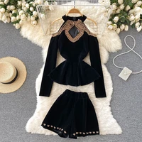 e girls luxury beaded spring shorts two piece set women sexy off shoulder halter blouse top shorts suits velour pants suit