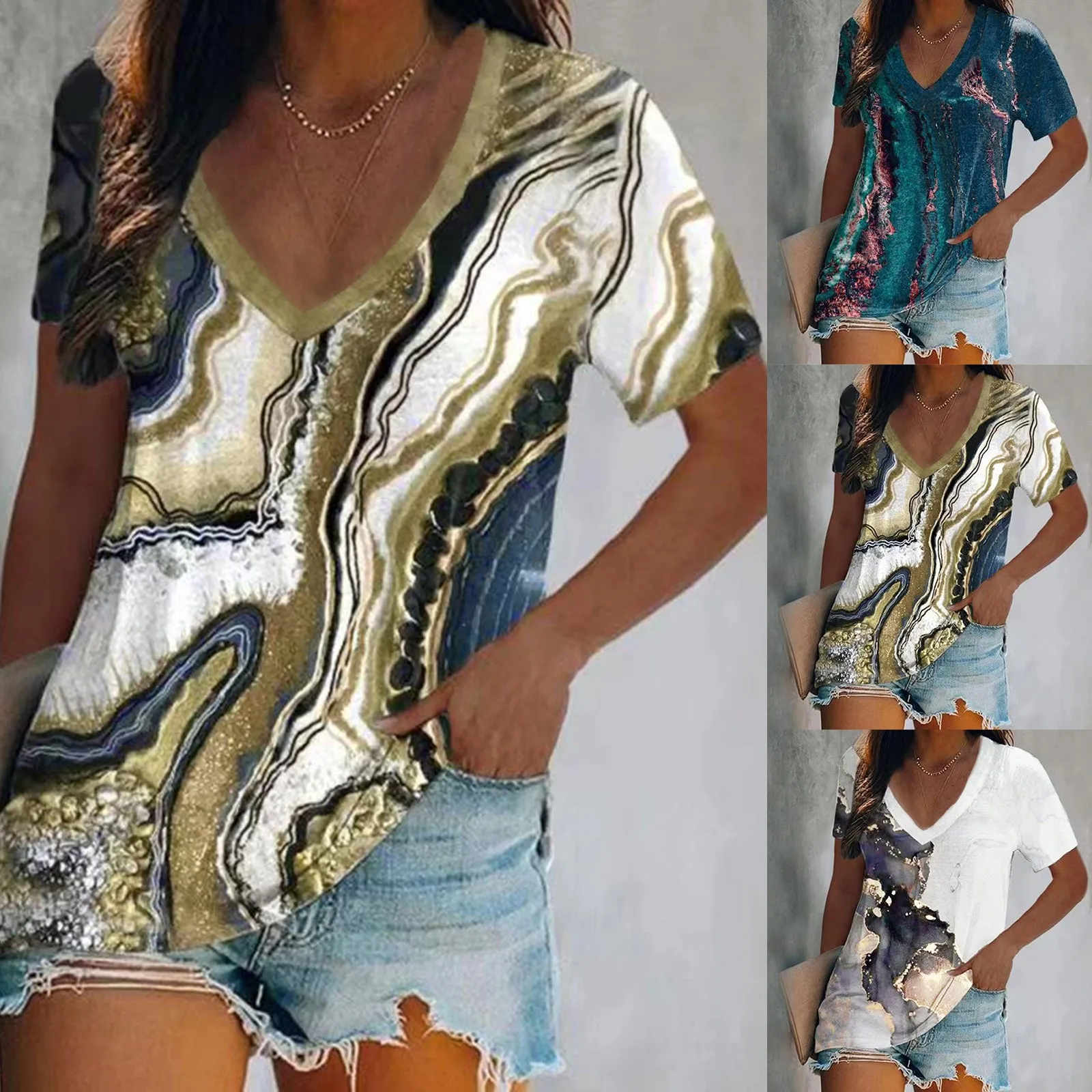 

Женская футболка с коротким рукавом, V-образным вырезом и принтом