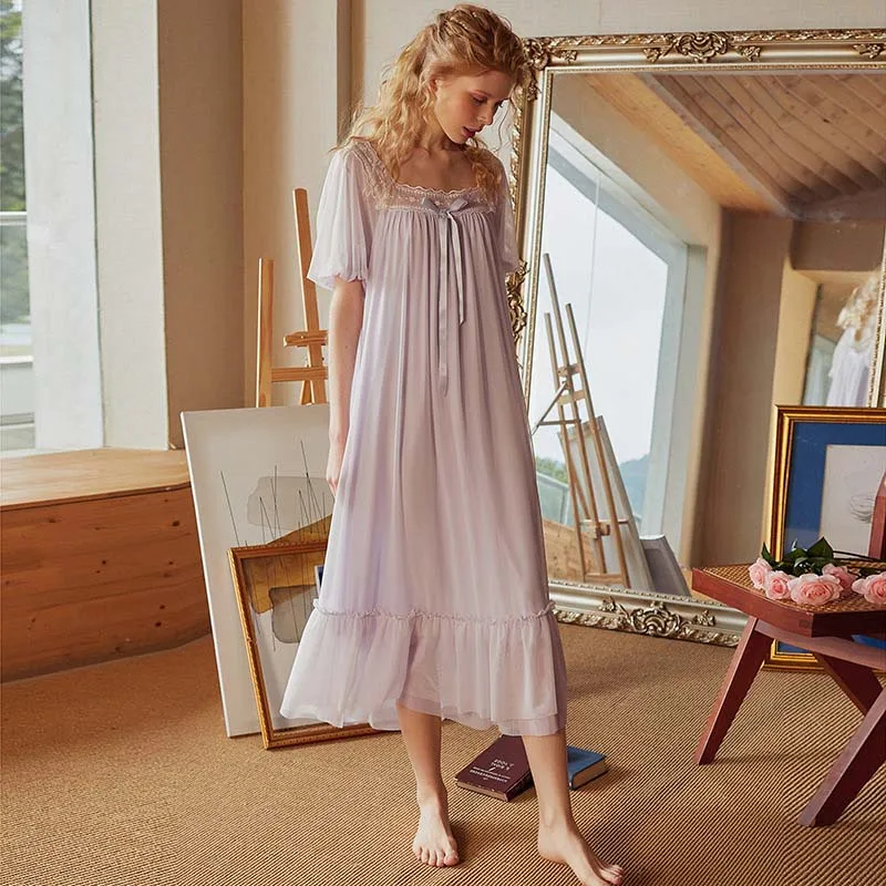 Roseheart Women Homewear Female White Sexy Sleepwear Nightdress Cotton Lace Mesh Nightwear Nightgown Homewear Luxury Gown