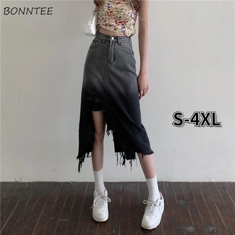 

Skirts Women Gradient Side-slit Asymmetrical Vintage Summer New High Waist Preppy Style Korean Cozy Denim Simple Faldas Cool ins