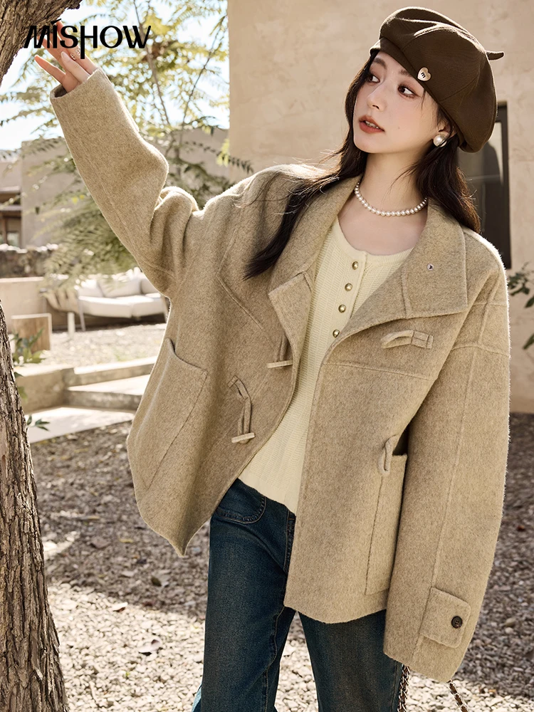 Двухстороннее шерстяное бархатное пальто с лацканами на пуговицах коровьим