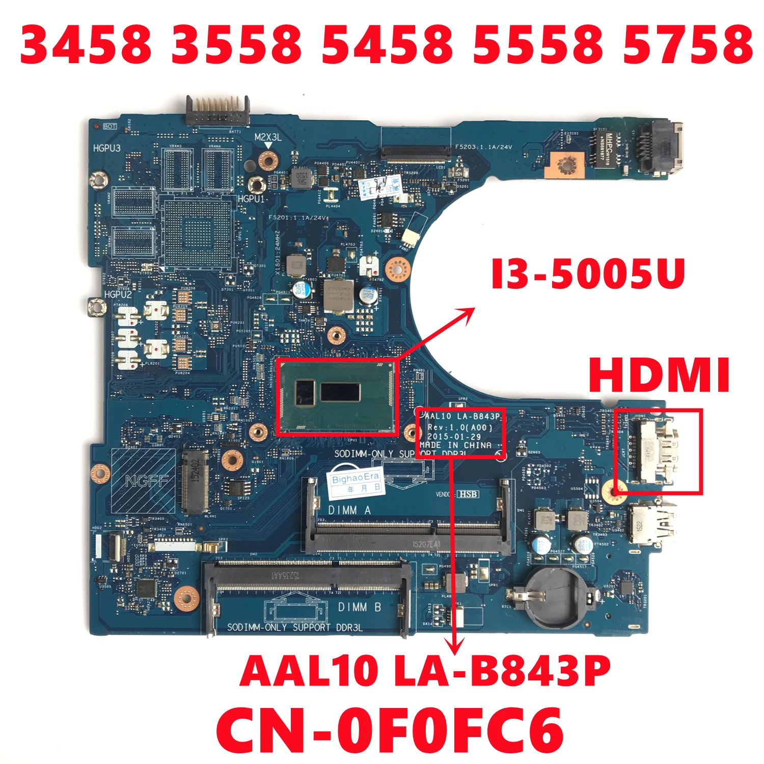 

.. CN-0F0FC6 0F0FC6 F0FC6 For dell Inspiron 3458 3558 5458 5558 5758 Laptop Motherboard AAL10 LA-B843P With I3-5005U CPU 100%