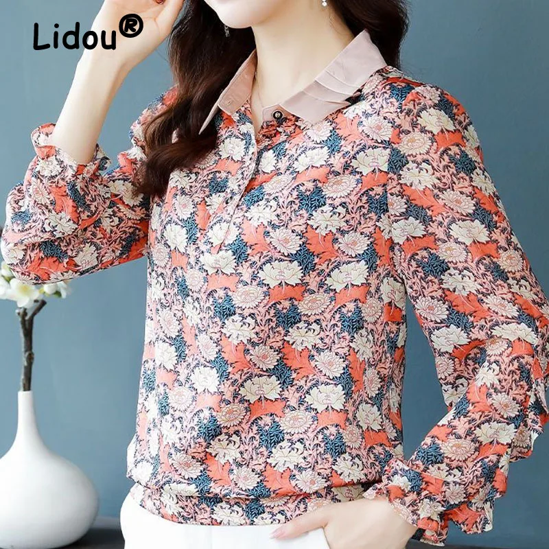 Шифоновый темпераментный кружевной топ с воланом и отложным воротником