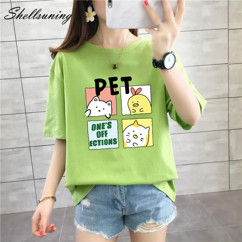 

Shellsuning 2022 Oversized Pure Cotton Printed T Shirts Women Summer Casual Cartoon Graphic Tops Soft Plus Size Female Clothing