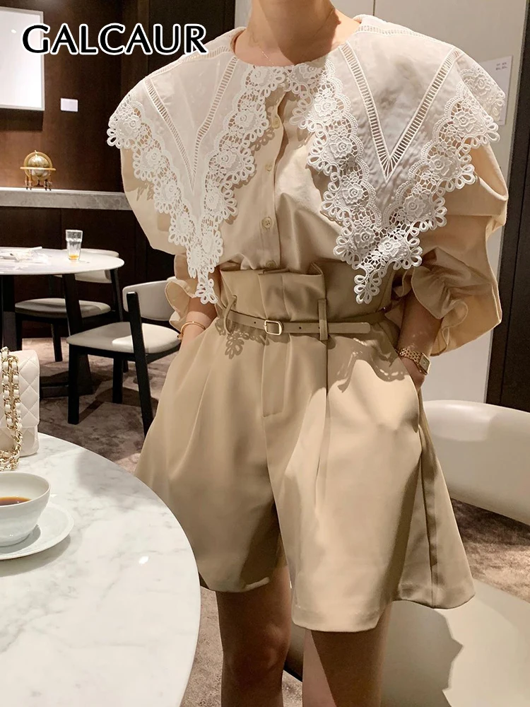 

GALCAUR Summer Two Piece Sets For Women Peter Pan Collar Flare Sleeve Hit Color Tops High Waist Loose Shorts Fashion Set Female