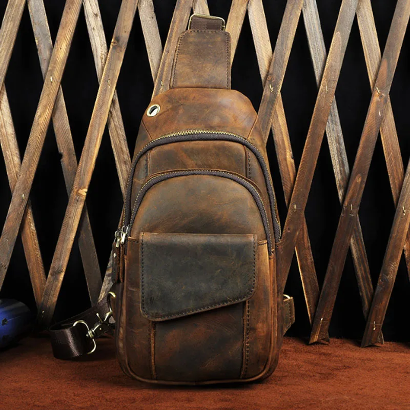 

Vintage Shoulder Bag Men Genuine Leather Chest Bag Small Messenger Bag Handmade Crossbody Bag