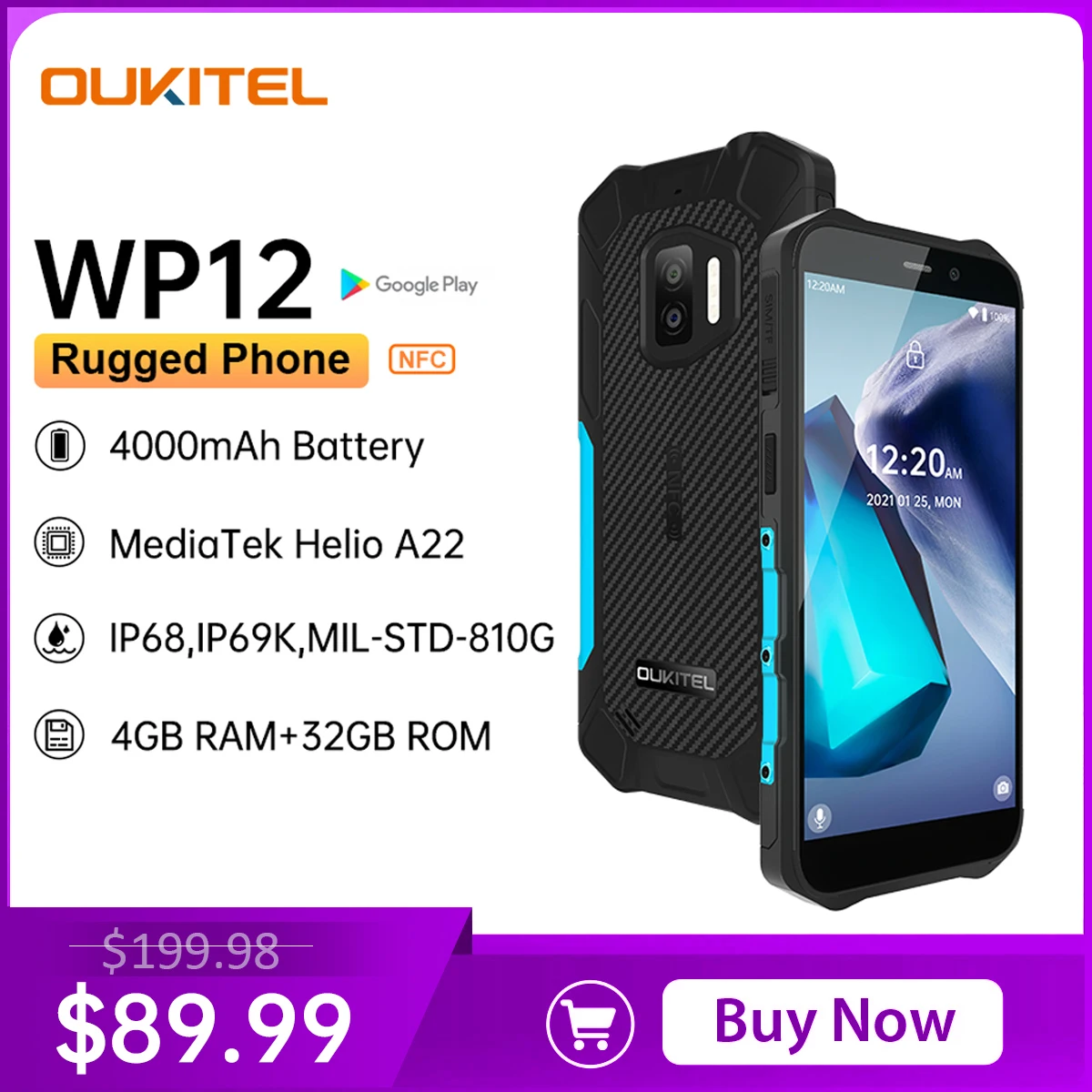 

Oukitel Rugged IP68/69K WP12 SmartPhone 4GB+32GB 4000mAh Quad Core Android11 Mobile Phone 5.5'' HD+500W/1300W 13MP Camera Phone