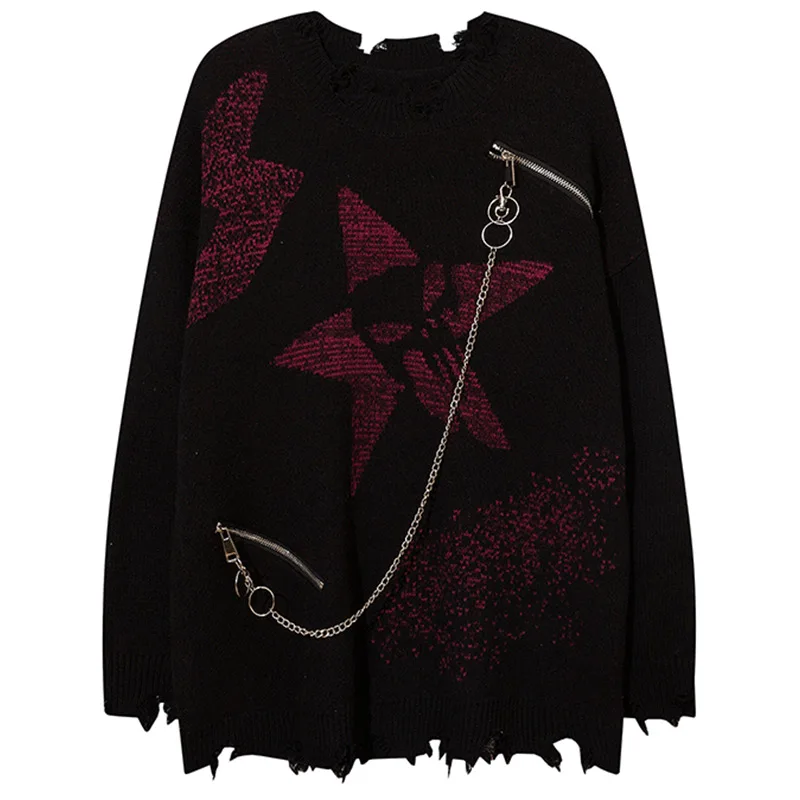 

Мужской вязаный свитер с принтом молнии и звездами, в стиле оверсайз