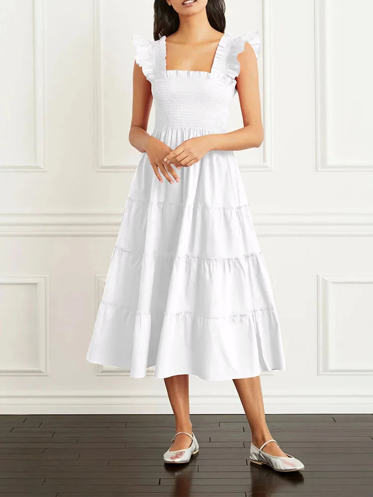 

Платье-миди с воланом, коротким рукавом-бабочкой и воланом