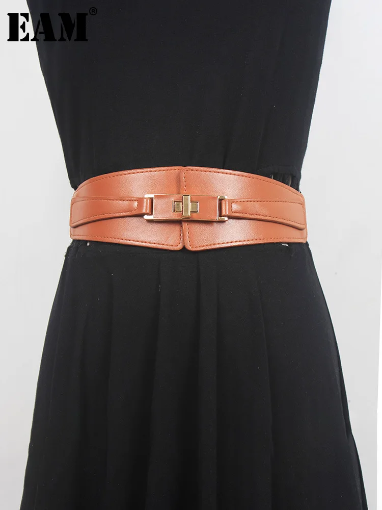 

[EAM] Pu Leather Camel Irregular Elastic Wide Belt Personality Women New Fashion Tide All-match Spring Autumn 2022 1DE9510