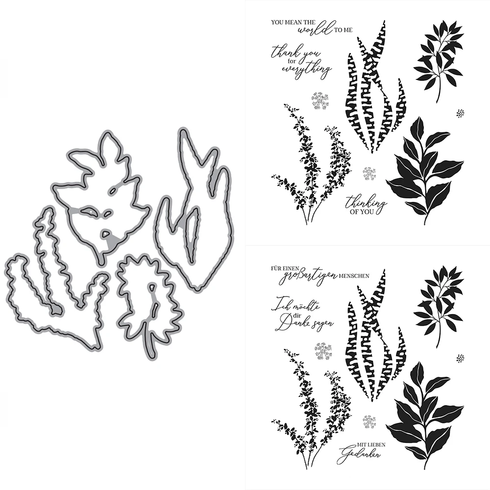 

Plant Leaf Botanical Metal Cutting Dies English German Touching Sentiments Clear Silicone Stamps 2022 New DIY Craft Paper Cards