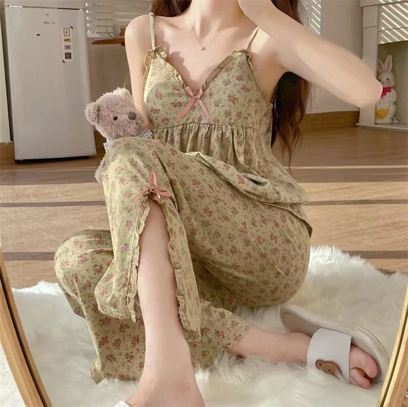 CAIYIER New Flower Summer Pajamas Set V Neck Sling Top + Long Pants Sleepwear Suit Sweet Girls Sexy Lace Nightwear Outer Wear