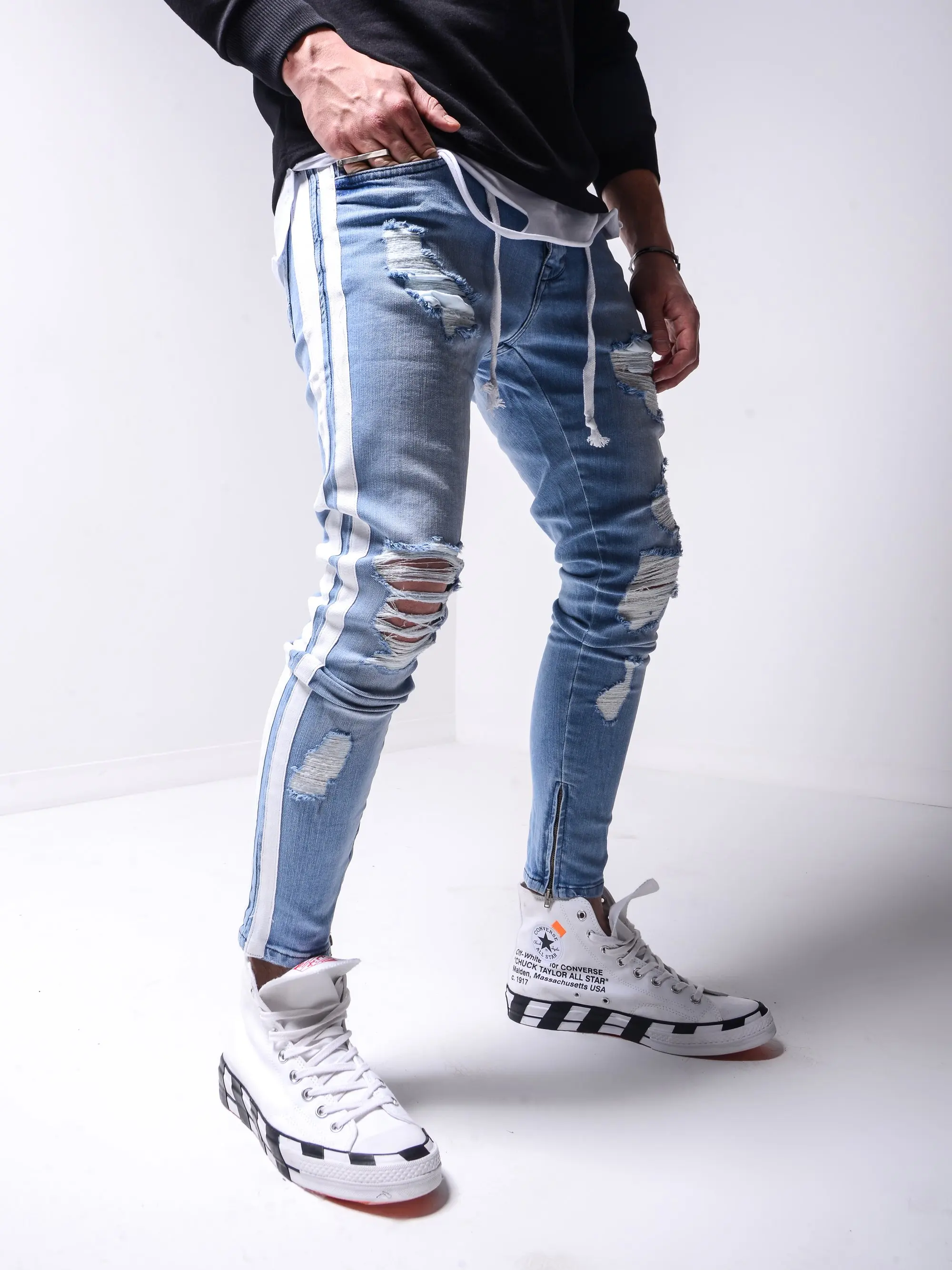 

Men's Ripped Pencil Pants Men Skinny Denim Biker Side Striped Jeans Men's Fashion Foot Mouth Zipper Hip-Hop Slim Denim Trousers