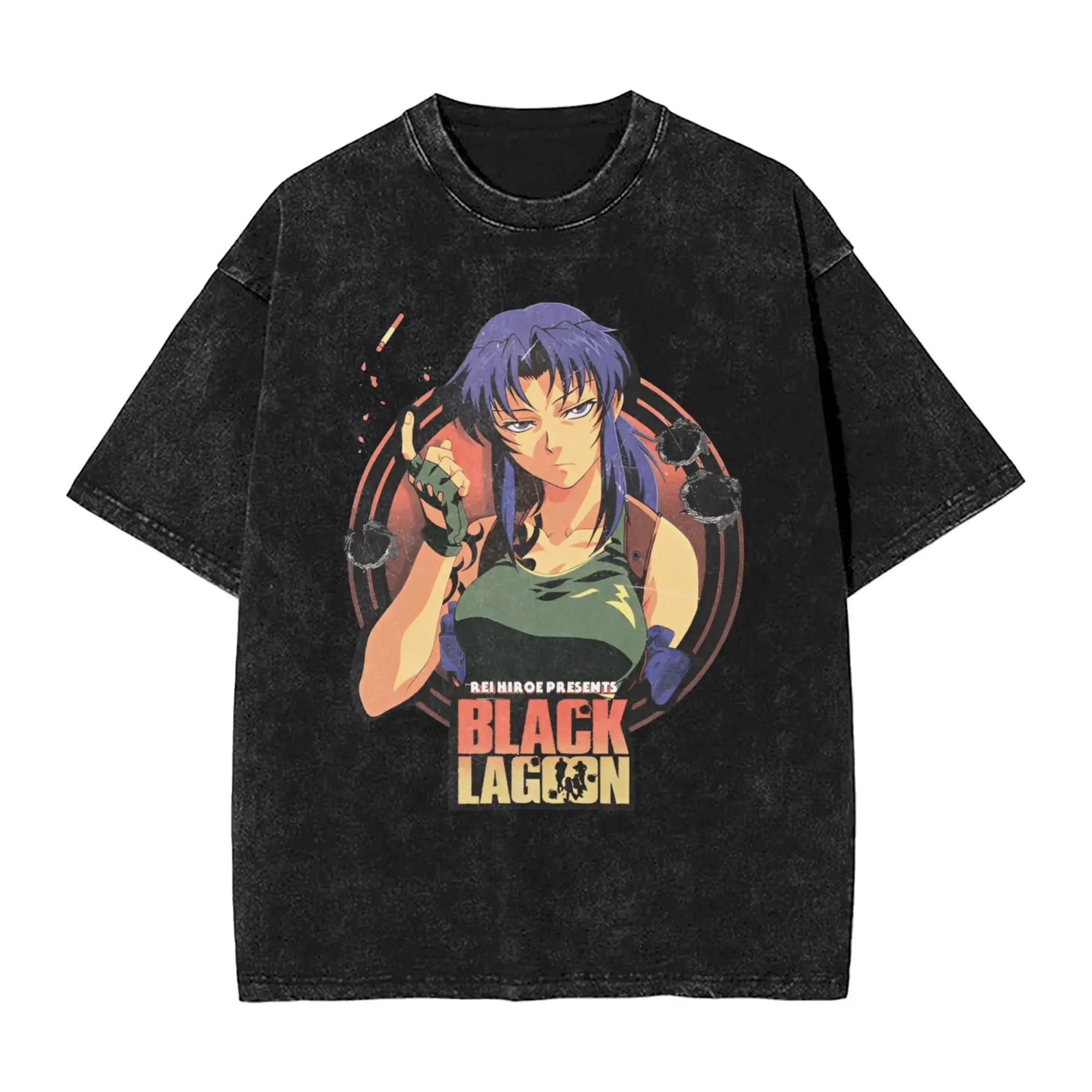 Фото Мужская потертая футболка Revy B-Black L-Lagoon, потрясающие хлопковые футболки, летняя дышащая новинка, футболка на заказ, одежда больших размеров №2