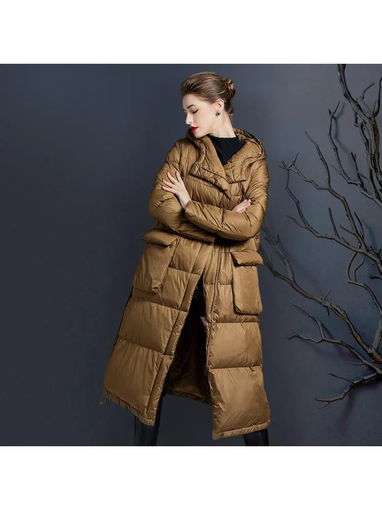 Europe Hooded Long Black Thicked 90 White Duck Down Coats Women 2022 Winter New Loose Zippers Warmer Bread Cloth Jackets