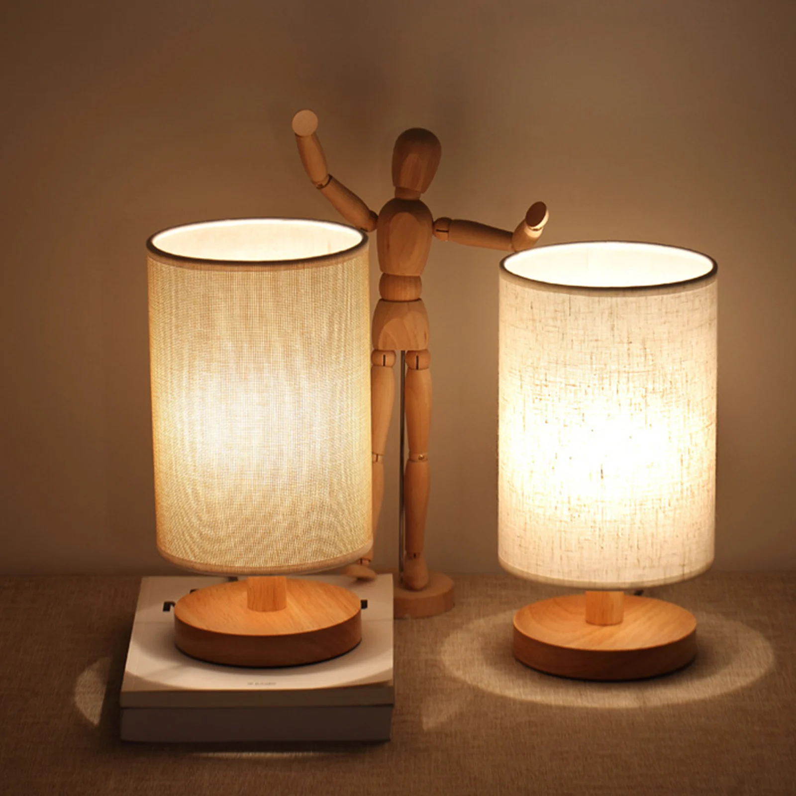 

USB Bedside Table Lamp Modern LED Desk Light with Fabric Shade and Wood Base for Household Bedroom Ornament