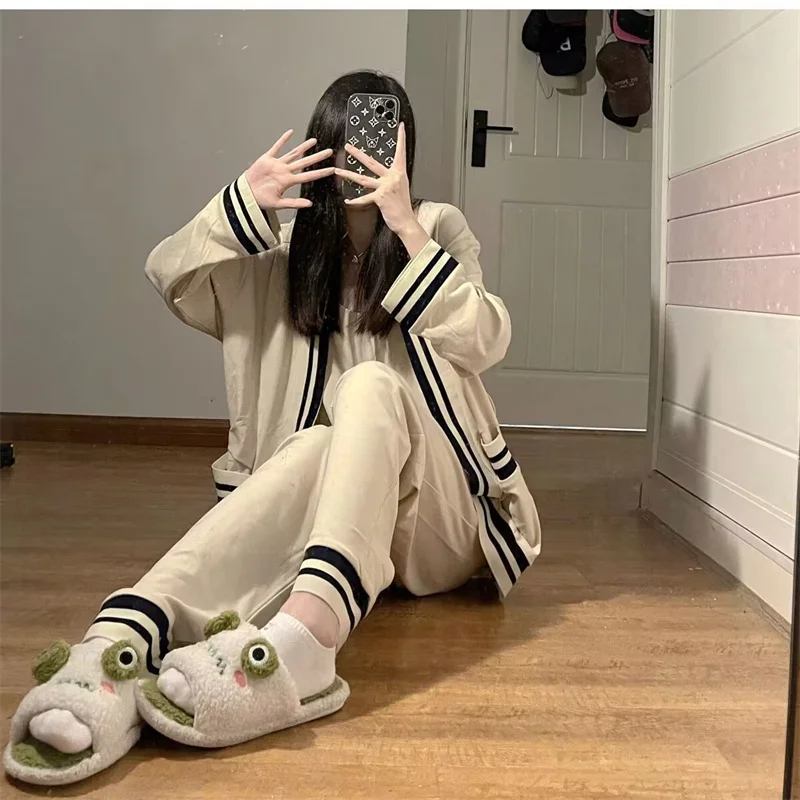 Women's Pajamas Set Sexy Stripe Sweet Princess Spring Pyjama Loose Size Mom Casual Homewear Cozy Sleepwear 3Piece/Set