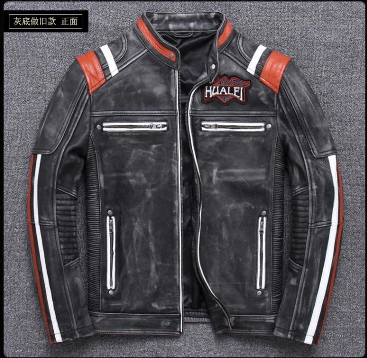 

leather Free cowhide shipping,Brand new Jacket,men's genuine Leather embroidery jacket.cool motor biker vintage coat
