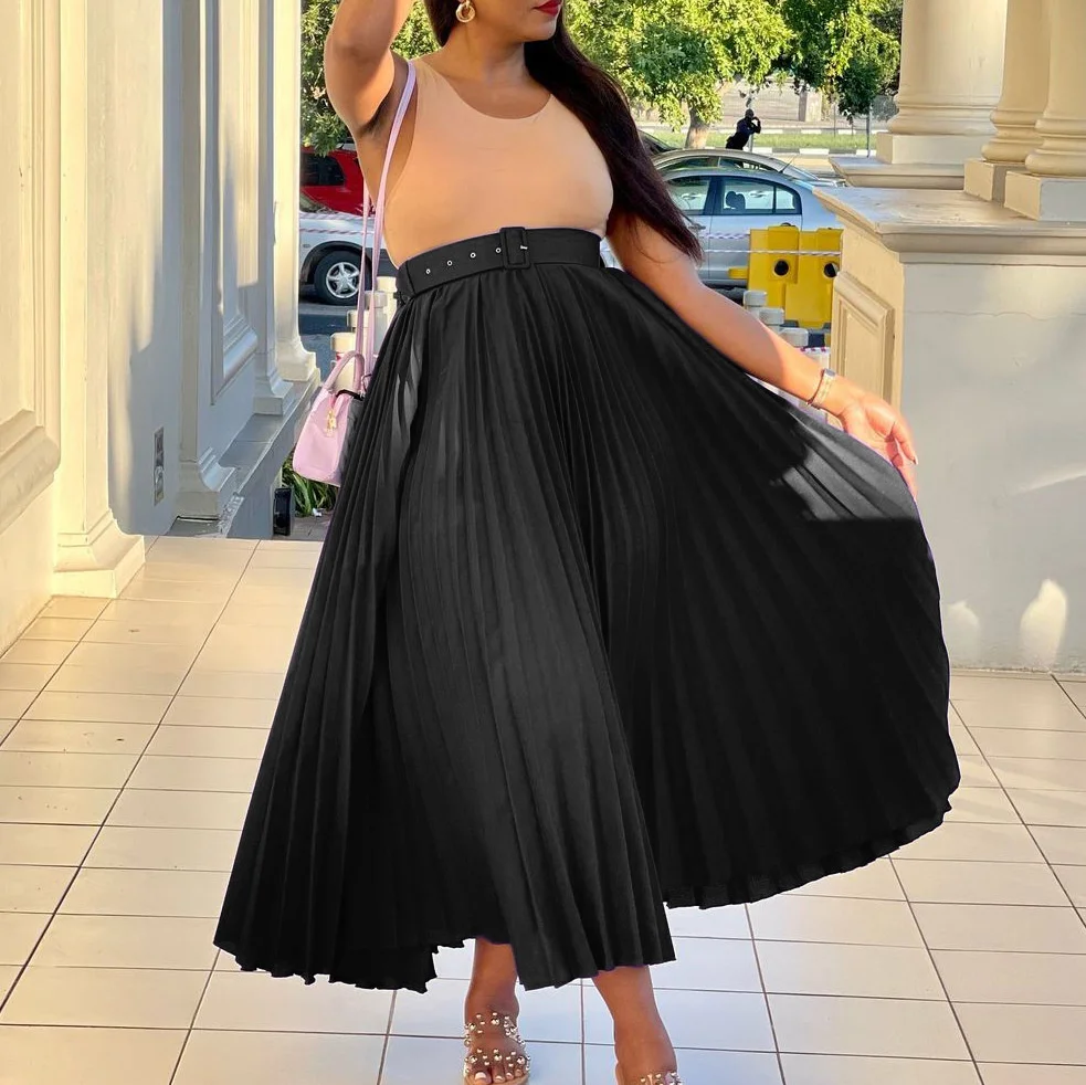 Plus Size Large Women's Skirt New Wear With Belt New High Waist And Large Skirt With Medium Length Pleated Temperament
