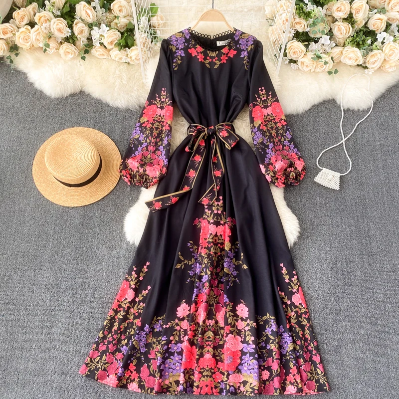 

FTLZZ Spring Autumn Women O-neck Puff Sleeve Long Dress Vinatge Lady Floral Print Dress Bohemia Sash Tie Up Dress