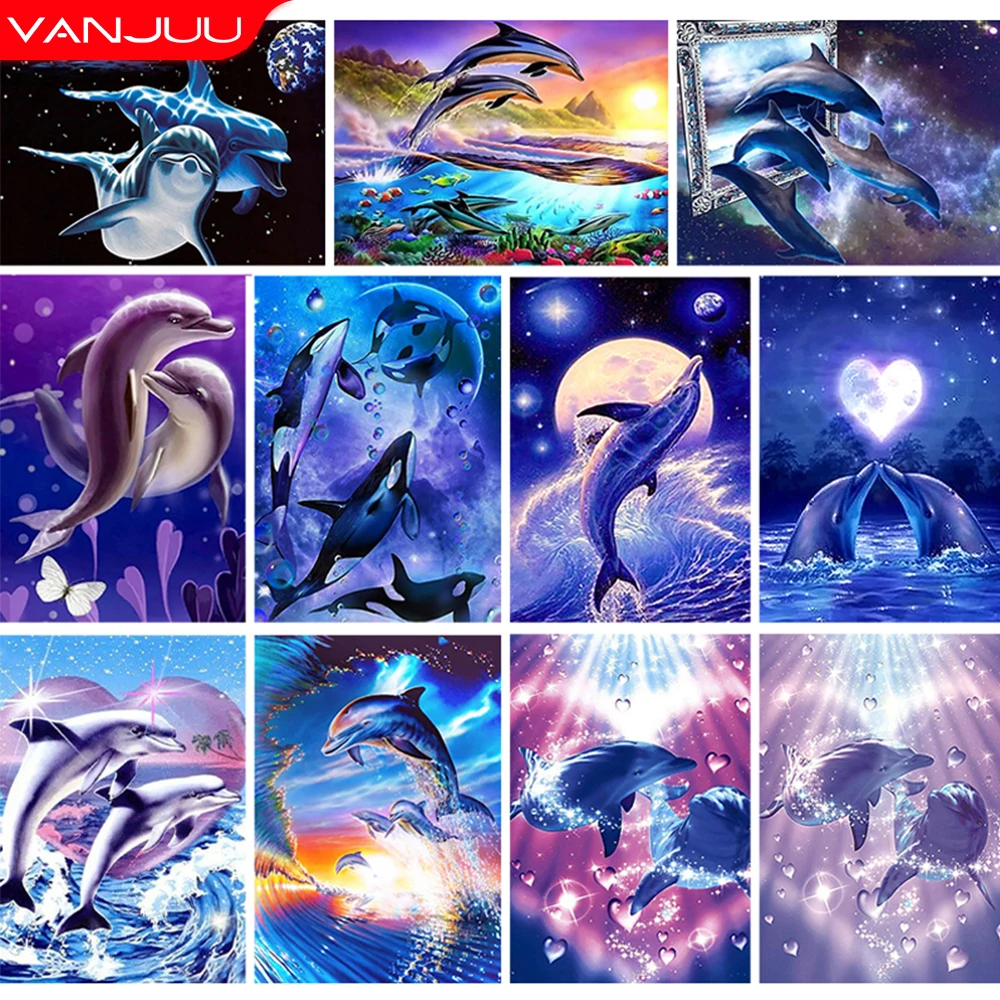 

5d Diamond Painting Dolphin Diamond Mosaic DIY Full Round Diamond Embroidery Ocean Animal Picture of Rhinestones Home Decor