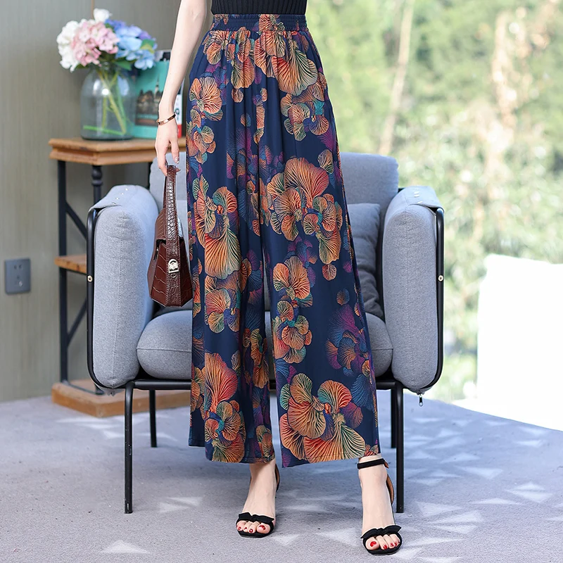 

Summer High Waist Wide Legs Pants for Women Printed Vintage 2023 Casual Loose Ankle-Length Elastic Waist Pants